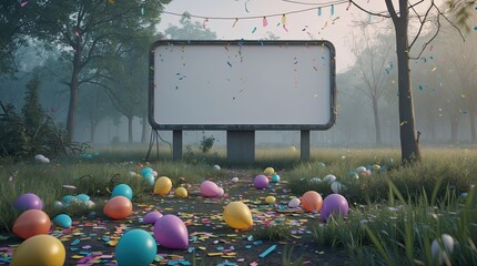 Blank Outdoor Billboard with Colorful Balloons and Confetti in Misty Forest
