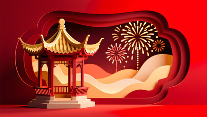 Fototapeta premium Papercraft Lantern Box Traditional Pavilion Fireworks Ad