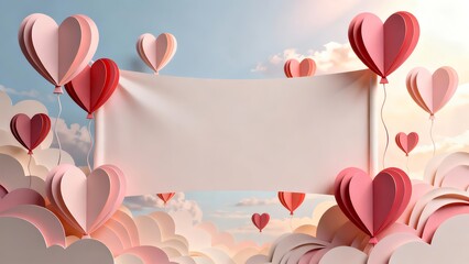 Romantic paper hearts and blank banner set against a dreamy sky for your message