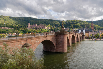 Heidelberg Germany Historic Old Bridge Neckar River.The Karl Theodor Bridge and castle on the hill. Heidelberg, Baden-Wurttemberg, Germany.
