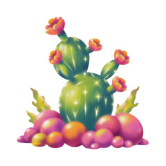 A vibrant cactus with blooming flowers surrounded by colorful orbs in a desert landscape from a frontal viewpoint