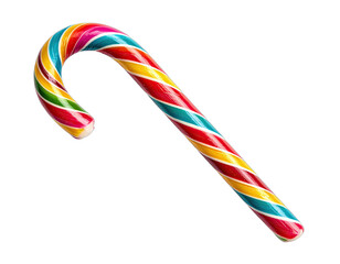 A diagonally positioned colorful cane-shaped hard candy with vibrant stripes