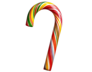 A vibrant, curved candy cane with multicolored stripes against a black background