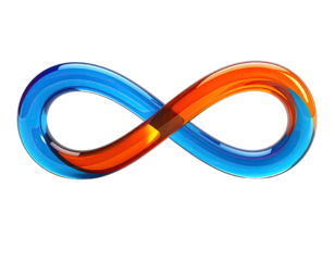 A glossy infinity symbol with gradient coloring from blue to orange on a solid black background