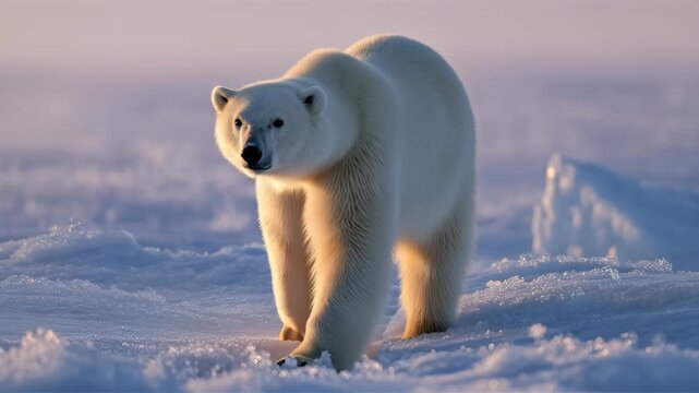 極地の薄明、海氷を進む北極グマの孤高の姿と広大な静けさ