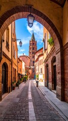 Obraz premium Brick buildings line a stone road, framed by a brick archway, leading to a brick bell tower under a blue sky