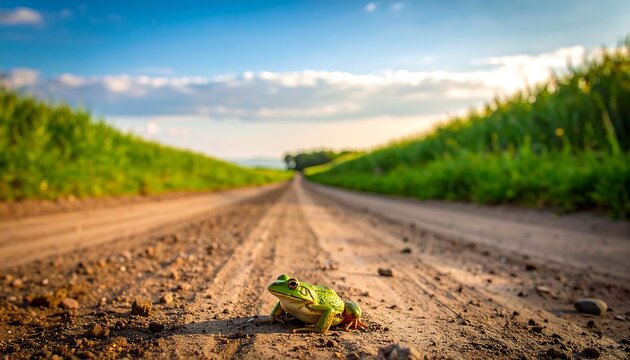A vibrant green frog sits on a dirt road, facing the camera. The road leads towards the horizon with fields of grass and a bright blue sky