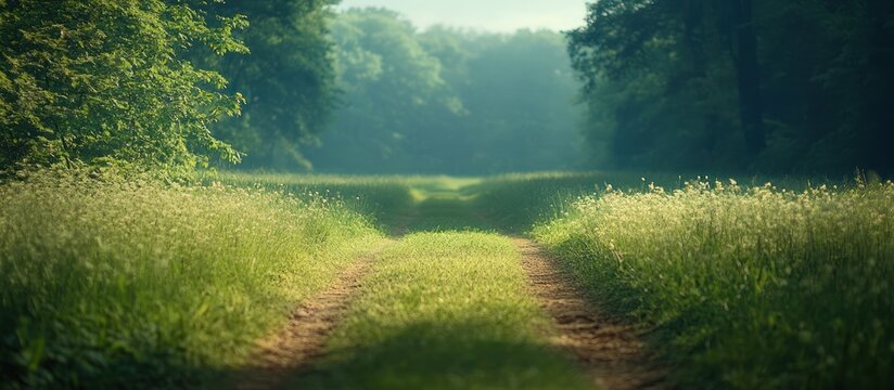Sunlit path through grassy field, forest background, nature scene