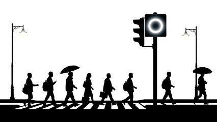 Silhouettes crossing at traffic light