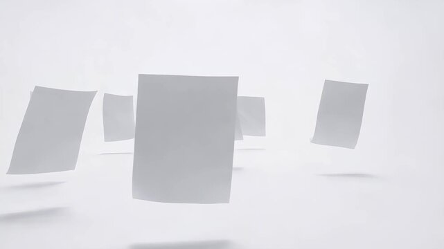 Grey paper sheets floating in the air on white background