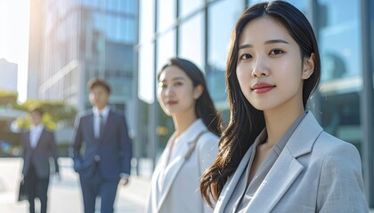 Fototapeta premium Confident Asian Businesswoman Leading Her Team in a Modern Cityscape.