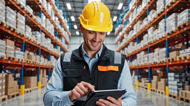 Worker in warehouse managing inventory with tablet computer