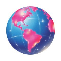 A vibrant digital illustration of the Earth from space with pink highlights on the continents