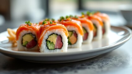 Fresh assorted sushi rolls with salmon and tuna topping served on a ceramic plate. Vibrant colors, clean presentation, and authentic Japanese cuisine style