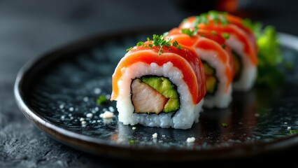 Fresh assorted sushi rolls with salmon and tuna topping served on a ceramic plate. Vibrant colors, clean presentation, and authentic Japanese cuisine style
