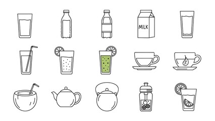 Collection of Beverage Icons in Line Art Style.