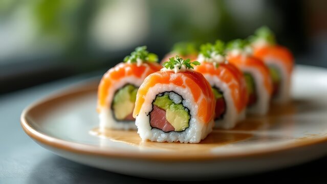 Fresh assorted sushi rolls with salmon and tuna topping served on a ceramic plate. Vibrant colors, clean presentation, and authentic Japanese cuisine style - Powered by Adobe