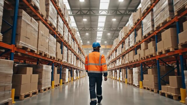 Worker in warehouse walking between tall shelves filled with boxes