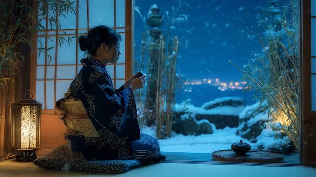 雪の夜の海辺の宿の和室で一人静かに過ごす女性、窓外に灯台の光
