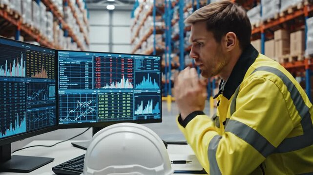 Worker in yellow vest overwhelmed by data displays in warehouse