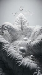 Spectacular Abstract 3D White Quilted Silk Drapes Resembling Whipped Cream with Iridescent Pearls, Silver Filigree, and Translucent Holographic Breeze Icons