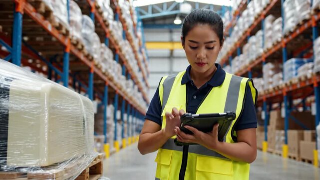 Worker inspecting cargo in distribution center with tablet