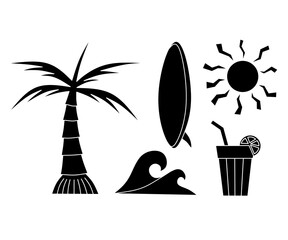 Summer beach sillhouette icon vector on white background,set summer beach sillhouette design,set tropical beach icon illustration,summer beach sillhouette design icon , summer beach vintage style icon
