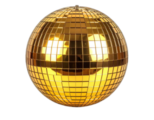 Gleaming golden sphere of mirrored tiles reflecting light, perfect for party scenes