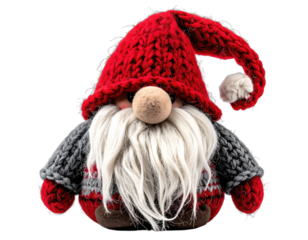 A close-up of a whimsical, knitted gnome with a long white beard and a pointed red hat