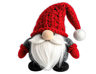 A close-up of a whimsical Christmas gnome with a red knit cap and white beard