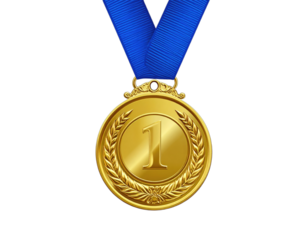 Golden medal with the number one and a blue ribbon, symbol of victory
