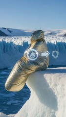 Spectacular Photo of Lone Figure in Elegant Reflective Silver-Gold Bivvy Sack on Glacier Ice with Holographic Thermal and Wind Icons