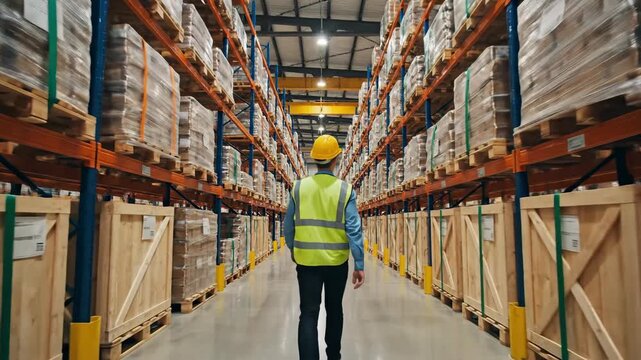 Worker inspecting inventory in a large warehouse storage facility