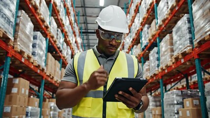 Worker inspecting inventory on digital tablet in warehouse - Powered by Adobe