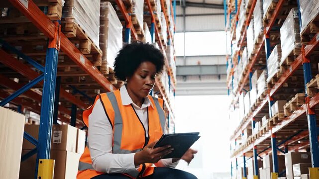 Worker inspecting inventory in warehouse storage aisles