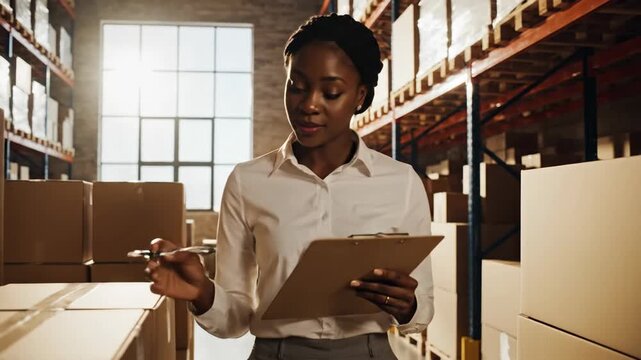 Worker inspecting inventory in warehouse with sunlight rays