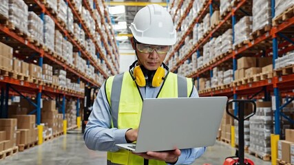 Worker inspecting inventory with laptop in warehouse distribution center - Powered by Adobe