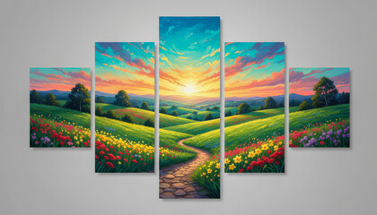 Colorful Sunset Over Rolling Green Hills Landscape Painting.