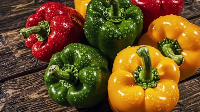 A vibrant arrangement of fresh bell peppers in ruby red, emerald green, and saffron yellow, glistening with dew drops on a rustic wooden surface.