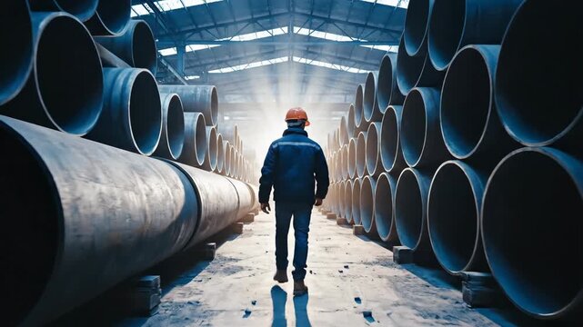 Worker inspecting large industrial pipes in warehouse storage
