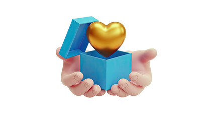 Golden Heart Emerges from Blue Gift Box Held by Pink Hands