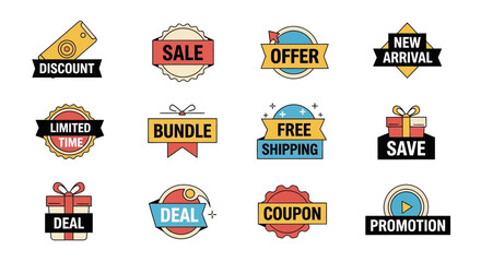 Colorful collection of promotional badges and labels for sales, discounts, offers, and new arrivals in e-commerce marketing.