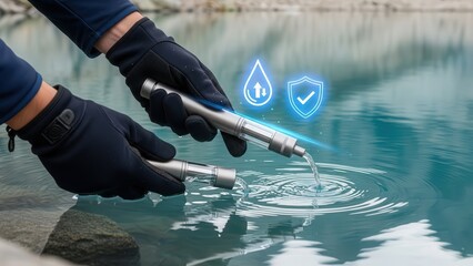 Spectacular Alpine Macro: Hands with Titanium Pen Water Purifier Filtering Glacial Tarn with Holographic Blue Purity and Filtration Icons