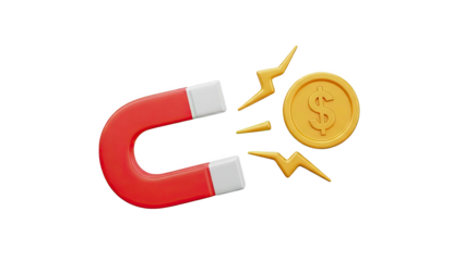 Magnet attracting dollar coin with lightning bolts