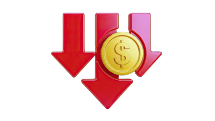 Red Arrows Pointing Down With Gold Dollar Coin