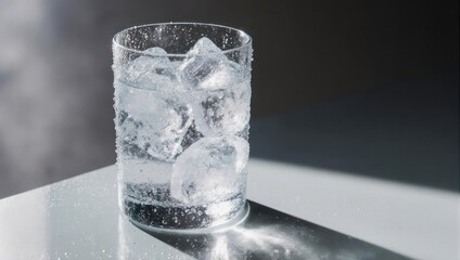 Glass of ice cubes on a reflective surface with a dark background.
