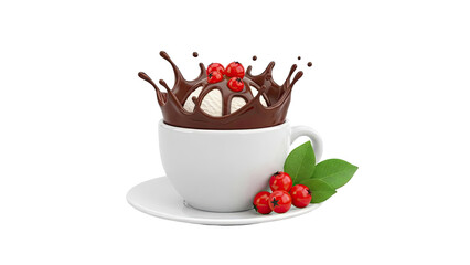White Cup with Chocolate Splash and Red Berries