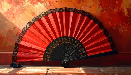 A vibrant red, open hand fan with a black lace trim and intricate design rests against a textured, orange wall, lit by sunlight