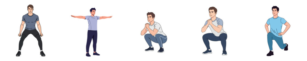 Obraz premium Fitness Exercise Male Bodyweight Workout Training Pose Set Flat Vector