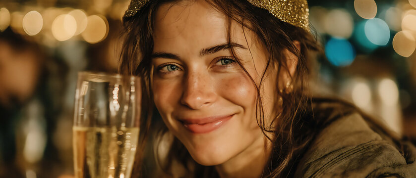 A young woman smiling and holding a glass of champagne at a party